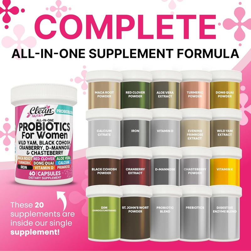 Clean Nutraceuticals بروبيوتيك للنساء من كلين نيوتراسيتيكالز مع مستخلص التوت البري د مانوز يام البري شايستبيري 20 سلالة بروبيوتيك وبريبايوتيك توازن الرقم الهيدروجيني بروبيوتيك للنساء لصحة الجهاز الهضمي 60 حبة - Image 2