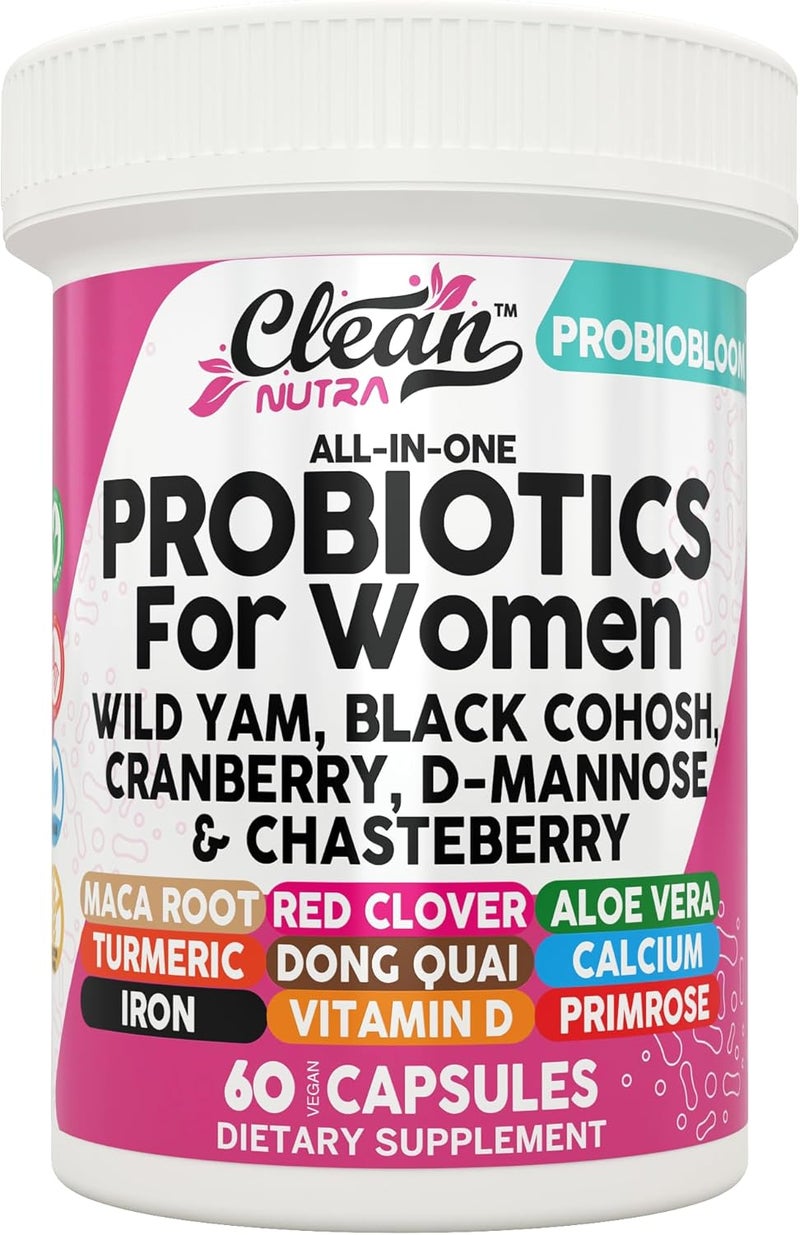Clean Nutraceuticals بروبيوتيك للنساء من كلين نيوتراسيتيكالز مع مستخلص التوت البري د مانوز يام البري شايستبيري 20 سلالة بروبيوتيك وبريبايوتيك توازن الرقم الهيدروجيني بروبيوتيك للنساء لصحة الجهاز الهضمي 60 حبة - Image 1