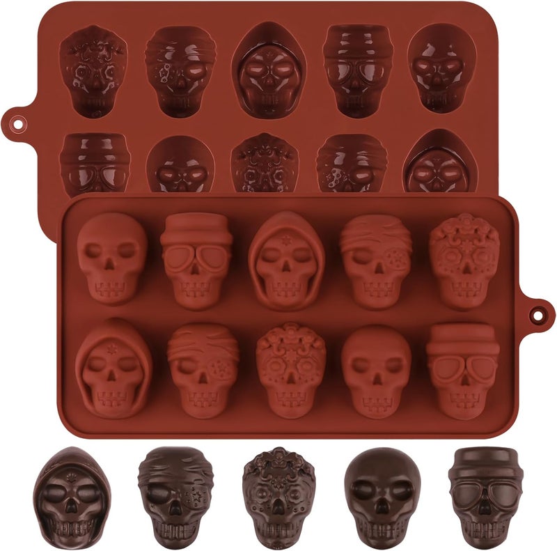 Actvty Skull Chocolate Molds, Halloween Chocolate Candy Molds, 2 Packs 10 Cavity Skull Silicone Molds with 5 Different Designs for Making Chocolate, Candy, Gummy, Jello, Cake Decor, Wax Melts - Image 1