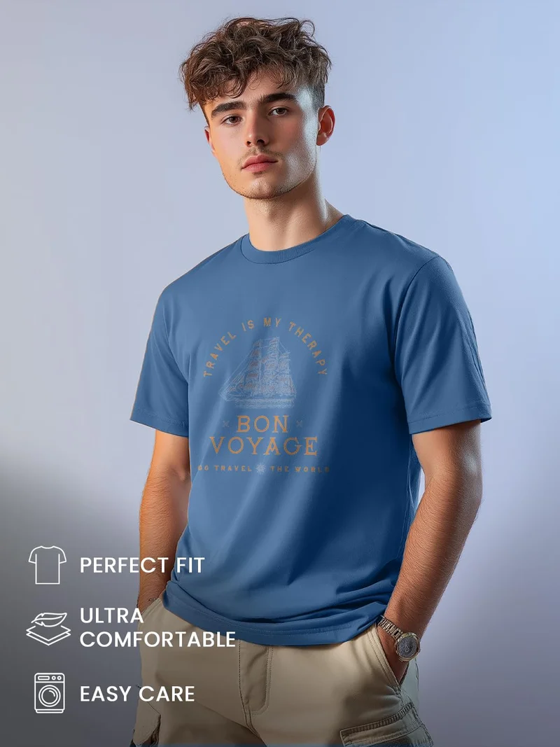 NOBERO Men's Blue Graphic Printed T-Shirt