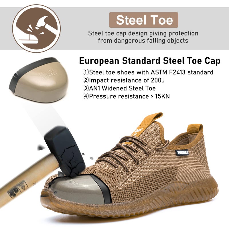 Furuian Steel Toe Shoes for Men Women Comfortable Non Slip Men's Safety Steel Toe Sneakers Industrial Warehouse Contstruction Work Shoes for Men Brown - Image 2