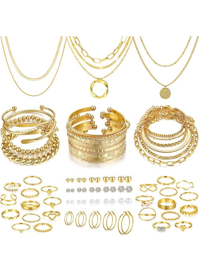 طقم مجوهرات ذهبية للنساء مكون من 68 قطعة: 7 قلائد، 17 سوارًا، 5 أقراط حلقية، 15 قرطًا مرصعًا، و24 خاتمًا. - Image 1