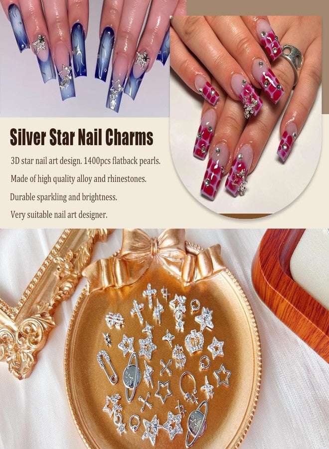 LCiclly 92pcs Star Nail Charms, 1 Box Silver Nail Pearls for Crafting Flat Back, Y2K Silver Metal Planet Cross for Acrylic Nail Art Rhinestones Dangling Star Nail Chains Cute Gems Manicure Decorations Bulk - Image 3