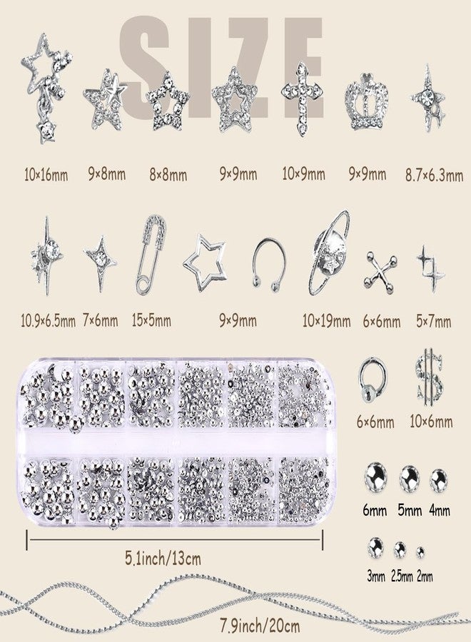 LCiclly 92pcs Star Nail Charms, 1 Box Silver Nail Pearls for Crafting Flat Back, Y2K Silver Metal Planet Cross for Acrylic Nail Art Rhinestones Dangling Star Nail Chains Cute Gems Manicure Decorations Bulk - Image 4