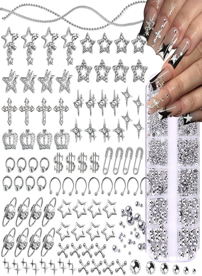 LCiclly 92pcs Star Nail Charms, 1 Box Silver Nail Pearls for Crafting Flat Back, Y2K Silver Metal Planet Cross for Acrylic Nail Art Rhinestones Dangling Star Nail Chains Cute Gems Manicure Decorations Bulk - Image 1