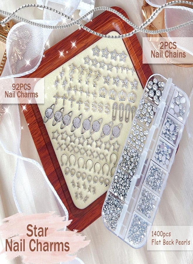 LCiclly 92pcs Star Nail Charms, 1 Box Silver Nail Pearls for Crafting Flat Back, Y2K Silver Metal Planet Cross for Acrylic Nail Art Rhinestones Dangling Star Nail Chains Cute Gems Manicure Decorations Bulk - Image 2