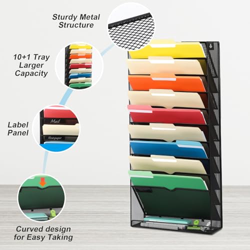 EASEPRES Desk File Organizer Mesh 11-Tier, Hanging Wall Mount Document Organization Stand, Desktop Vertical Mail Paper Folder Holder Rack with Bottom Tray for Office Home Cubicle Countertop, Black - Image 4