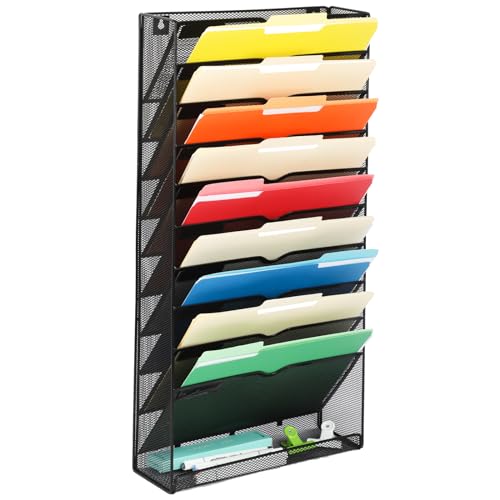 EASEPRES Desk File Organizer Mesh 11-Tier, Hanging Wall Mount Document Organization Stand, Desktop Vertical Mail Paper Folder Holder Rack with Bottom Tray for Office Home Cubicle Countertop, Black - Image 1