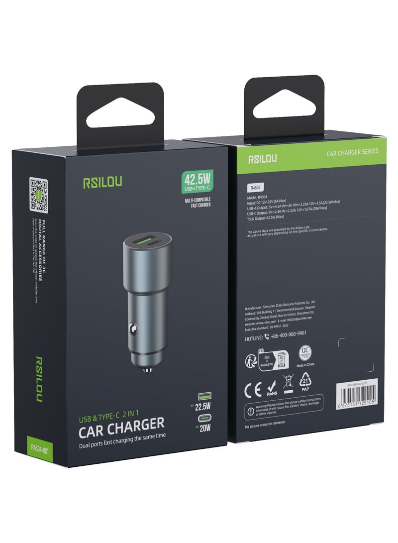 rsilou R4504-001 Aluminum Alloy Car Adapter Fast charger, PD, dual ports, USB-A and USB-C, 42.5W MAX Output, Quad protection over current, short circuit, over temperature, and over voltage  - Image 3