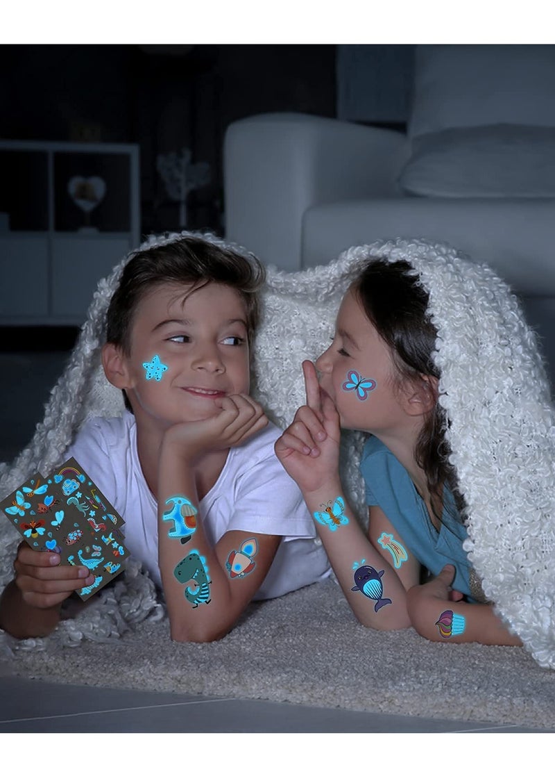 Fluorescent Temporary Tattoos for Kids' Parties, Luminous Blue Assorted Designs Featuring Unicorns, Dinosaurs, Mermaids, and Space Themes - 20 Sheets of Fun Birthday Party Decorations. - Image 2