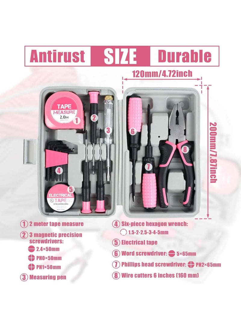 GGOOT 15Pcs Household Repair Tool Kit Multi-Purpose Home Hand Tool Set with Storage Case Home Hardware Combination Tool Kit with Wire Cutter and Hex Wrench for DIY Repair(Pink) - Image 2