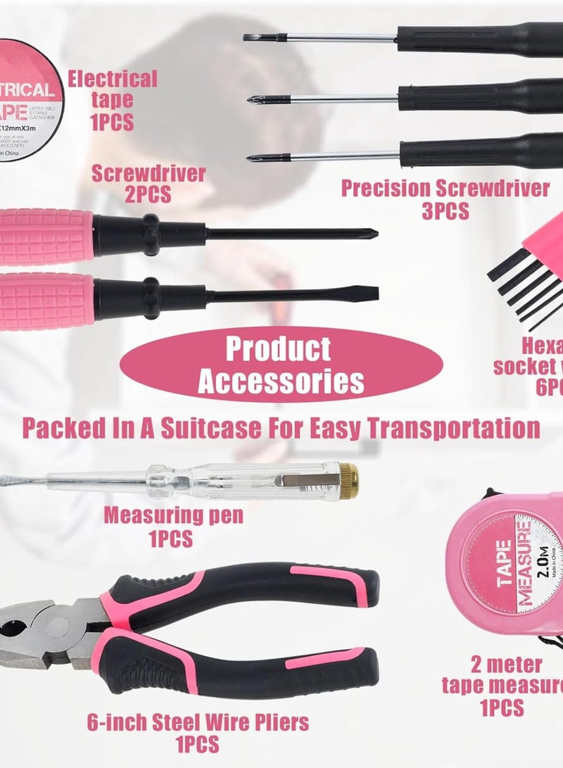 GGOOT 15Pcs Household Repair Tool Kit Multi-Purpose Home Hand Tool Set with Storage Case Home Hardware Combination Tool Kit with Wire Cutter and Hex Wrench for DIY Repair(Pink) - Image 3