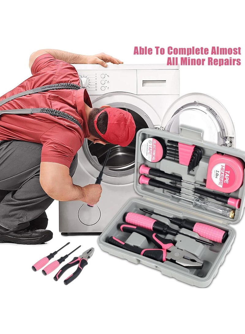 GGOOT 15Pcs Household Repair Tool Kit Multi-Purpose Home Hand Tool Set with Storage Case Home Hardware Combination Tool Kit with Wire Cutter and Hex Wrench for DIY Repair(Pink) - Image 4