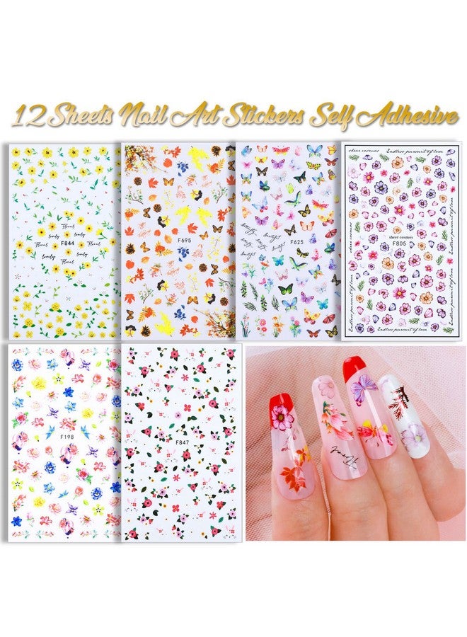 تينيتور 12 ورقة ملصقات فنية للأظافر على شكل زهرة ملصقات أظافر ثلاثية الأبعاد ذاتية اللصق لتزيين الأظافر مع فن الأظافر اللامع على شكل فراشة وترتر على شكل قلب ورقائق رقائق الأظافر وشرائح زهرة فنية للأظافر - Image 3