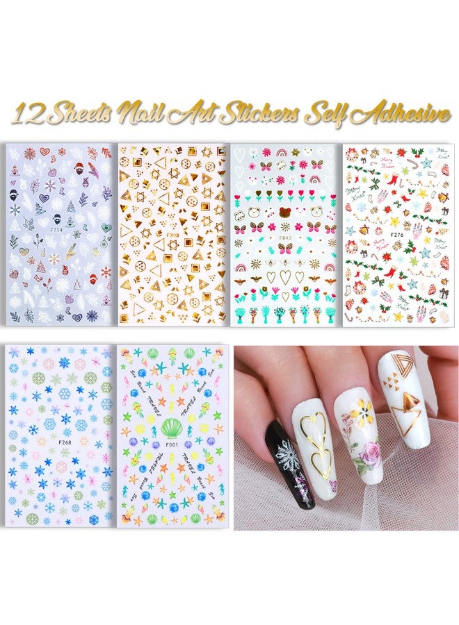 تينيتور 12 ورقة ملصقات فنية للأظافر على شكل زهرة ملصقات أظافر ثلاثية الأبعاد ذاتية اللصق لتزيين الأظافر مع فن الأظافر اللامع على شكل فراشة وترتر على شكل قلب ورقائق رقائق الأظافر وشرائح زهرة فنية للأظافر - Image 4