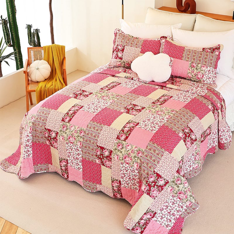 Cmfshape Summer Floral King Quilted Bedspread,Romantic Pink Quilt Set,Reversible Stitched Bedding Cover All Season,Soft Lightweight Coverlet with Pillow Cases (Hot Pink&Rose, King102 x90) - Image 3