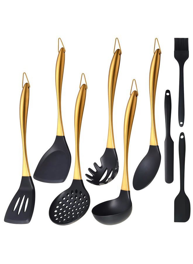 Blithely Silicone Cooking Utensils Set, 9Pcs Kitchen Utensil Set with Stainless Steel Handle, Heat-Resistant Silicone Utensils for Cooking, Non-Stick Spatula Set with Spoons, Turners, Ladle (Gold) - Image 1
