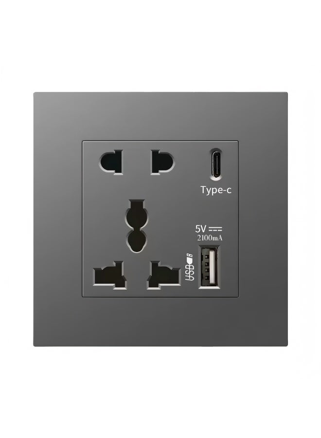 Universal Wall Socket with Type C and USB, QC Charging Electric Power Wall Socket Outlet, For Home and Office, Grey - Image 1