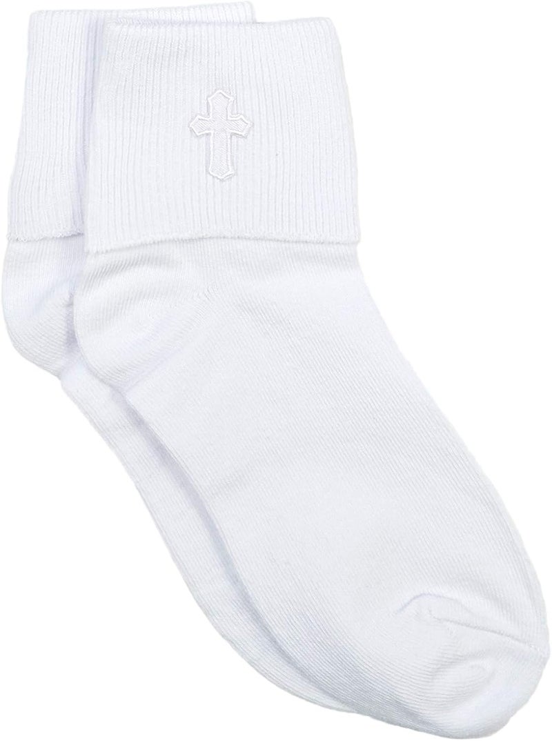 Christening Day White Cotton Anklet Sock with Embroidered Cross - Image 1