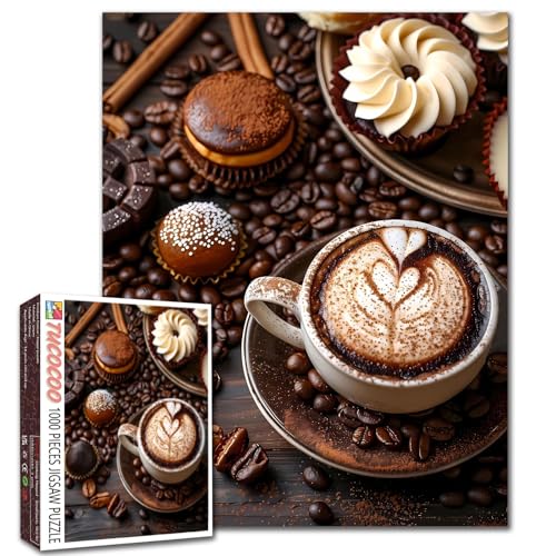 Tucocoo Coffee Cup Jigsaw Puzzles for Adults 1000 Pieces Coffee Beans Pastry Gourmet Art Style Brown Painting 27x20 inch DIY Puzzles for Home Decoration Gifts Family Puzzle Perfect for Game Nights - Image 1