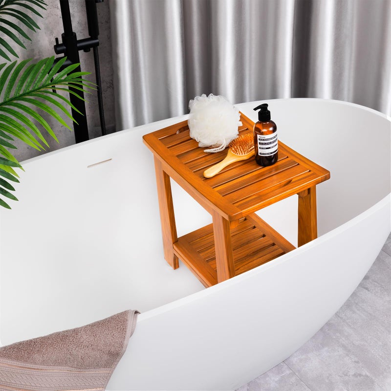 NNN 18" Standard Teak Shower Bench with Shelf & Handle - Waterproof, Non-Slip Bath Stool, 300 lbs Capacity - Fits Standard Tubs/Showers & Outdoor Use (Patented) - Image 4