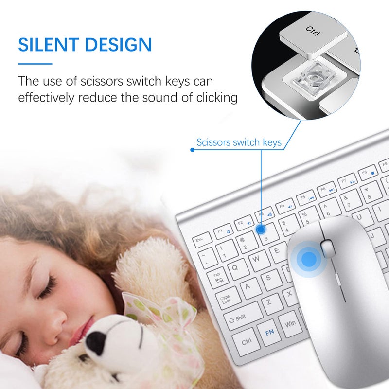 TopMate Wireless Keyboard and Mouse Ultra Slim Combo, TopMate 2.4G Silent Compact USB 2400DPI Mouse and Scissor Switch Keyboard Set with Cover, Batteries Included, for PC/Laptop/Windows/Mac - Silver White - Image 2