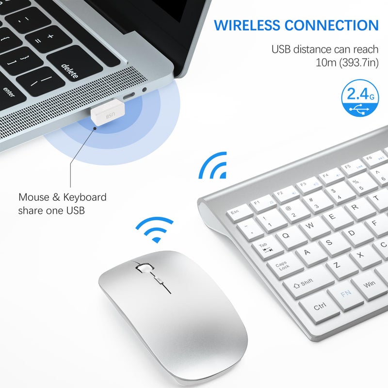TopMate Wireless Keyboard and Mouse Ultra Slim Combo, TopMate 2.4G Silent Compact USB 2400DPI Mouse and Scissor Switch Keyboard Set with Cover, Batteries Included, for PC/Laptop/Windows/Mac - Silver White - Image 3