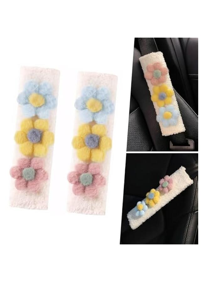 2 Pieces of Car Seat Belt Shoulder Strap Protectors, 9.4 x 2.5 Plush Soft Pads to Relieve Shoulder and Neck Pressure, Cute Cartoon Flower Design with Velcro Installation, Suitable for All Cars (Blue) - Image 1