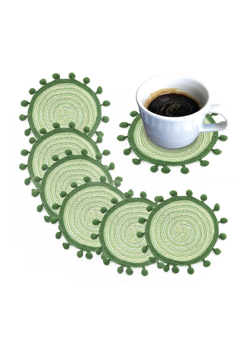 Excefore 6 Pcs Green Woven Coasters, Boho Coasters for Drinks, Round Cloth Coasters for Drinks Absorbent, Vintage Ethnic Lace Coasters, 5.2" Absorbent Coasters for Home, Office - Image 1