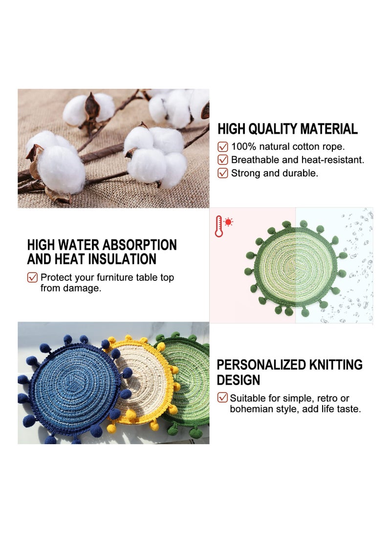 Excefore 6 Pcs Green Woven Coasters, Boho Coasters for Drinks, Round Cloth Coasters for Drinks Absorbent, Vintage Ethnic Lace Coasters, 5.2" Absorbent Coasters for Home, Office - Image 2