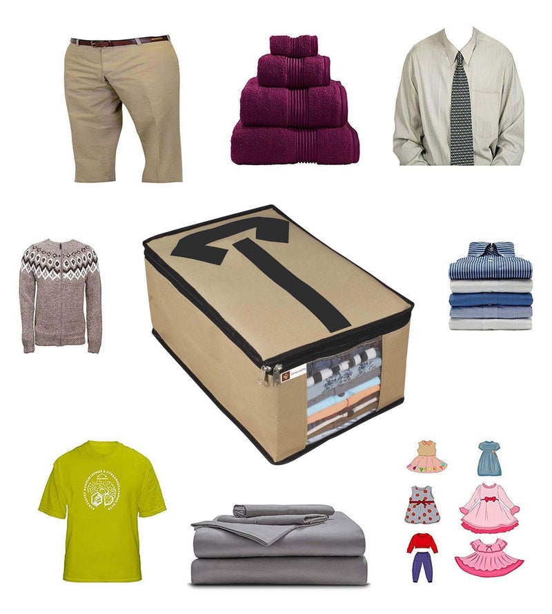 UNICRAFTS Unicrafts Shirt Cover Non Woven Foldable Shirt Cover Storage Organizer Garment Cover Cloth Storage Bag Suit Cover Tshirt Trousers Jeans Clothes Wardrobe Organizer Clothing Organiser Pack of 3 Pc Beige  - Image 4