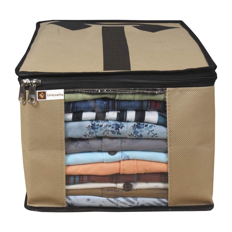 UNICRAFTS Unicrafts Shirt Cover Non Woven Foldable Shirt Cover Storage Organizer Garment Cover Cloth Storage Bag Suit Cover Tshirt Trousers Jeans Clothes Wardrobe Organizer Clothing Organiser Pack of 3 Pc Beige  - Image 2