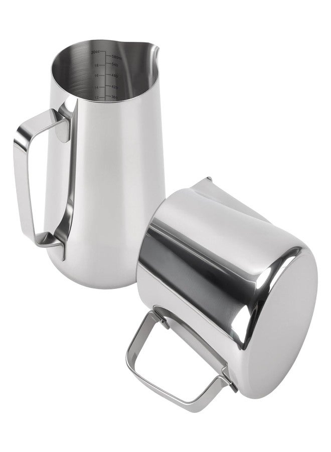 SINJEUN 20 oz/600 ml Milk Frothing Pitcher, Stainless Steel Milk Steamer Cup Frother Cup with Scale and Handle for Coffee Latte Art, Silver(2 Pack) - Image 1