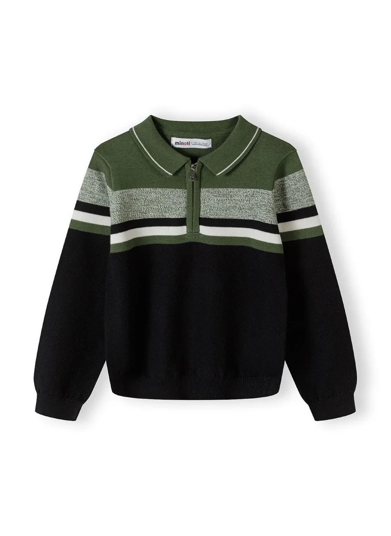 MINOTI Kids Boys Casual Cotton Polo Sweater with Zipper and Striped Design