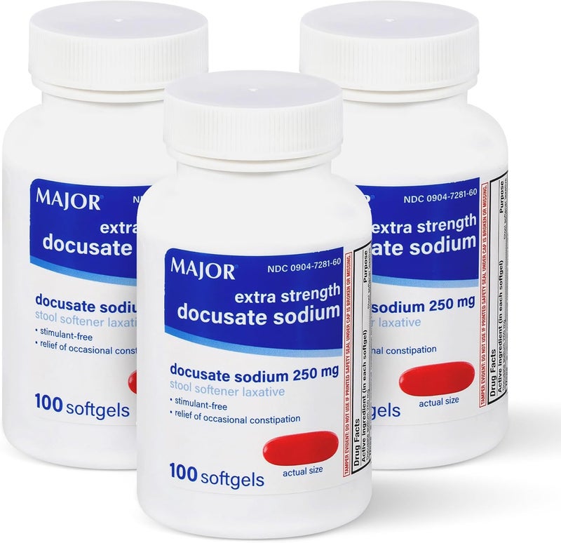 MAJOR Docusate Sodium 250 mg, Extra Strength Stool Softener Laxative for Occasional Constipation Relief – Stimulant‑Free, 100 Softgels (3 Pack) - Image 1