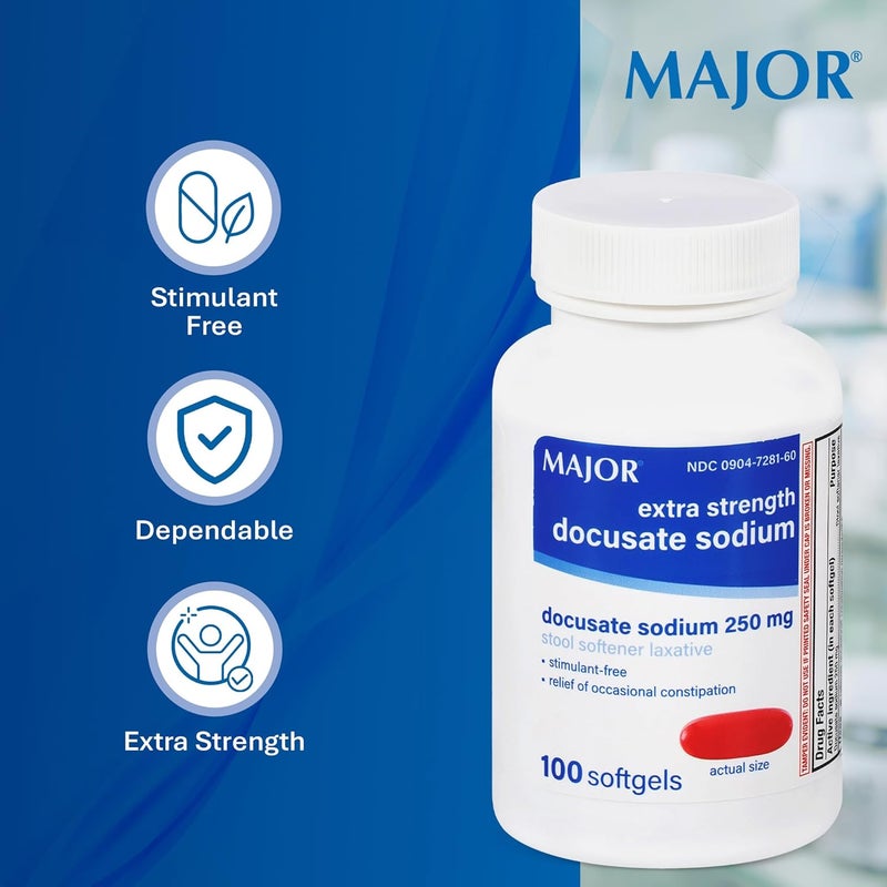MAJOR Docusate Sodium 250 mg, Extra Strength Stool Softener Laxative for Occasional Constipation Relief – Stimulant‑Free, 100 Softgels (3 Pack) - Image 5