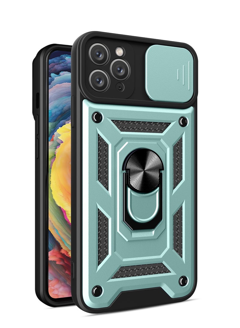 Shunjia Sliding Window Case, Shockproof Rugged Armor with Sliding Camera Cover & 360° Ring Kickstand, Compatible with Apple iPhone 11 Pro Max (Green)