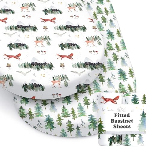 Sorrel + Fern Baby Bassinet Sheets for Boy, Girl (Woodland Forest Animals) 2-Pack - Fitted Bedside Bassinet Sheets - Buttery Soft Cotton Blend for Standard Mattress Pad - Compatible with Halo BassiNest - Image 1