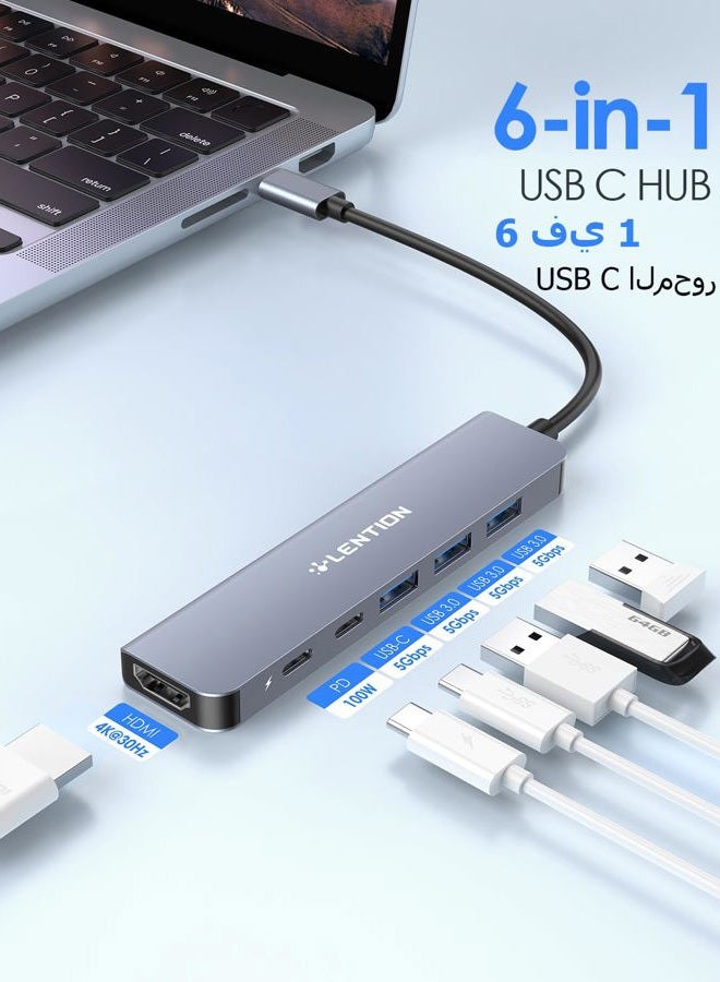 Lention USB C Hub, 6 in 1 USB C to USB Adapter, USB C Multiport Dongle with 4K HDMI, USB C Data Port, 3 USB 3.0, 100W PD Compatible New MacBook Pro/Mac Air, iPad, More Type C Devices (Space Grey) - Image 2