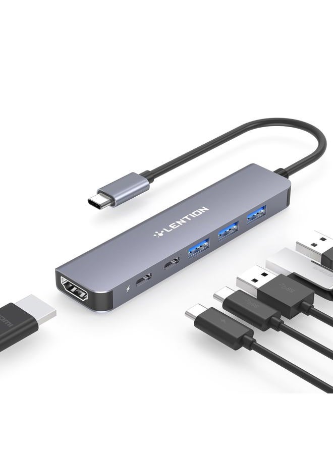 Lention USB C Hub, 6 in 1 USB C to USB Adapter, USB C Multiport Dongle with 4K HDMI, USB C Data Port, 3 USB 3.0, 100W PD Compatible New MacBook Pro/Mac Air, iPad, More Type C Devices (Space Grey) - Image 1