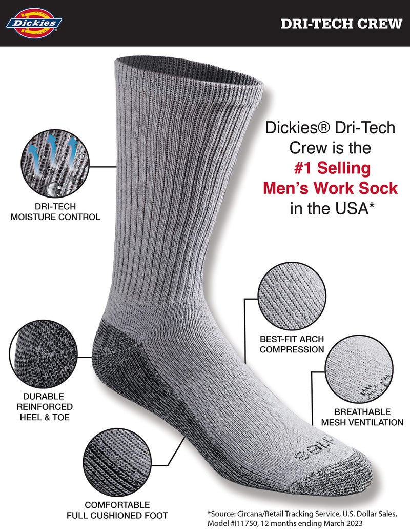 Dickies Men's Dri-Tech Original Moisture Control Crew Socks, Available in M-XXL (6, 12, 18 Pairs), Grey (12 Pairs), X-Large - Image 2