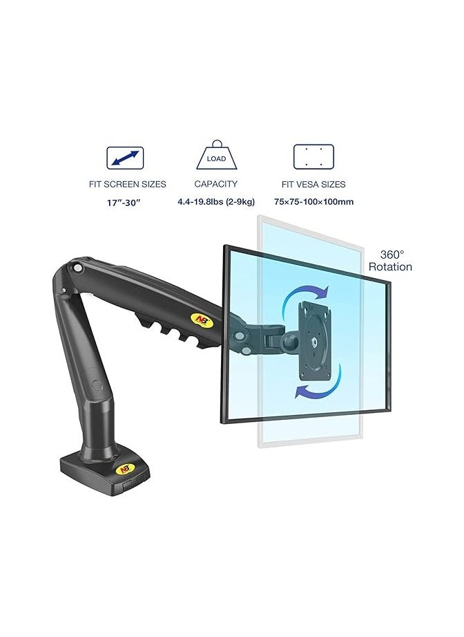 Monitor Arm Desk Mount Monitor Stand for 17" to 30" Screens With Load Capacity of up to 19.8 lbs, VESA 75x75 & 100x100, Height Adjustable, Gas Spring Articulating Monitor Arm, Swivel, Tilt & 360° Rotation, Black | F80
