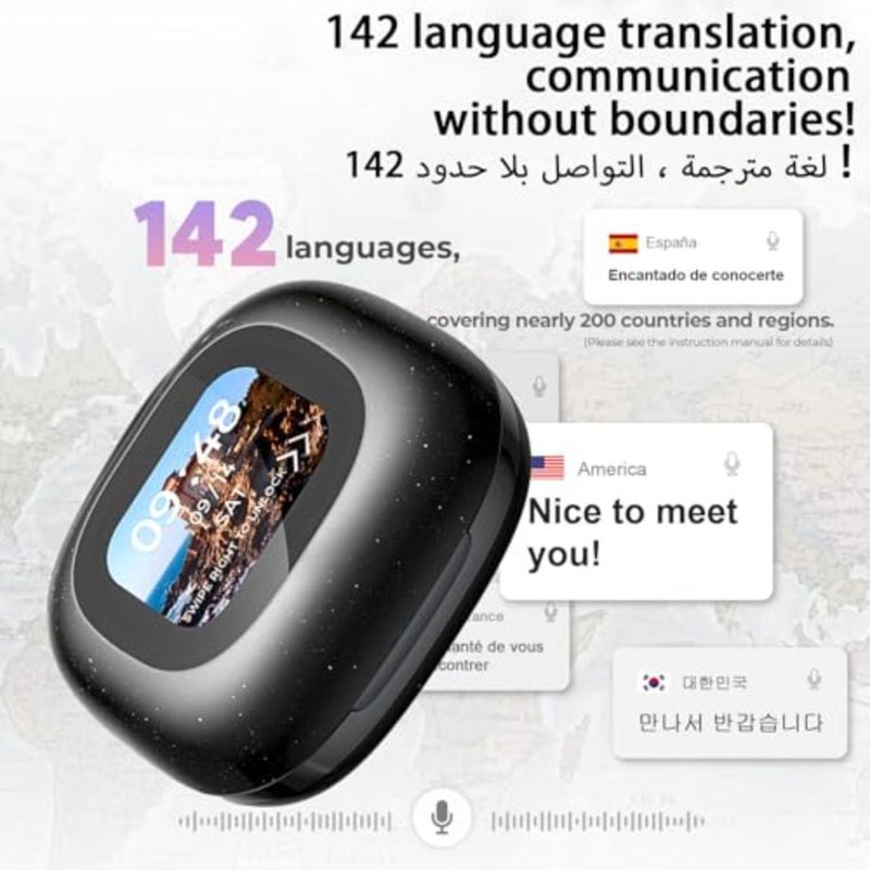 سماعات أذن لترجمة اللغات بتقنية الذكاء الاصطناعي، سماعات أذن مفتوحة، سماعات أذن مترجم بلوتوث 5.4 تعمل باللمس LCD، ترجمة فورية لـ 142 لغة ولهجة، للأعمال والاجتماعات والسفر - Image 3