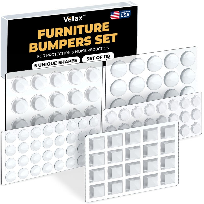 Vellax 118 Clear Cabinet Bumper Pads â€“ Self-Adhesive Silicone Set with 5 Shapes for Doors, Drawers & Furniture â€“ Sound Dampening Pads for Surface Protection - Image 1