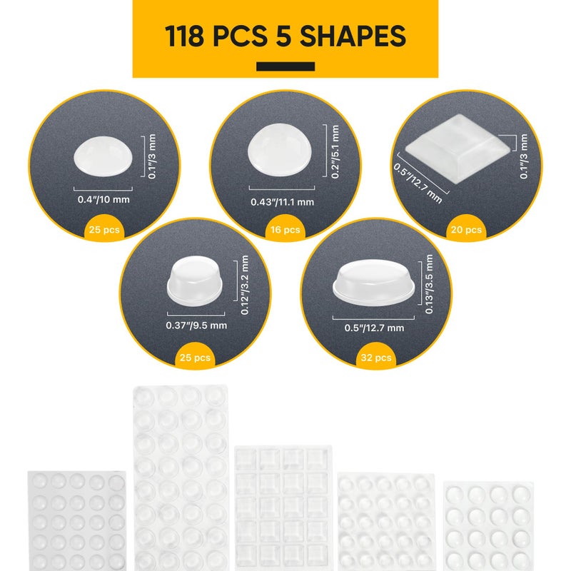 Vellax 118 Clear Cabinet Bumper Pads â€“ Self-Adhesive Silicone Set with 5 Shapes for Doors, Drawers & Furniture â€“ Sound Dampening Pads for Surface Protection - Image 2