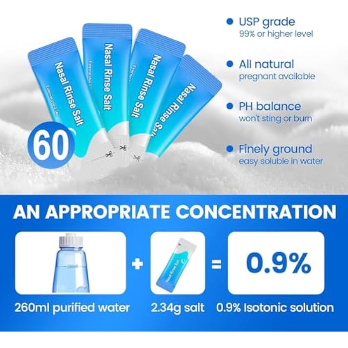Neti Pot Sinus Rinse Bottle 260 ML with 60 Nasal Wash Salt Packets and Sticker Thermometer Nose Wash Cleaner Pressure Rinse Nasal Irrigation for Adult & Kid BPA Free (Blue) - Image 4