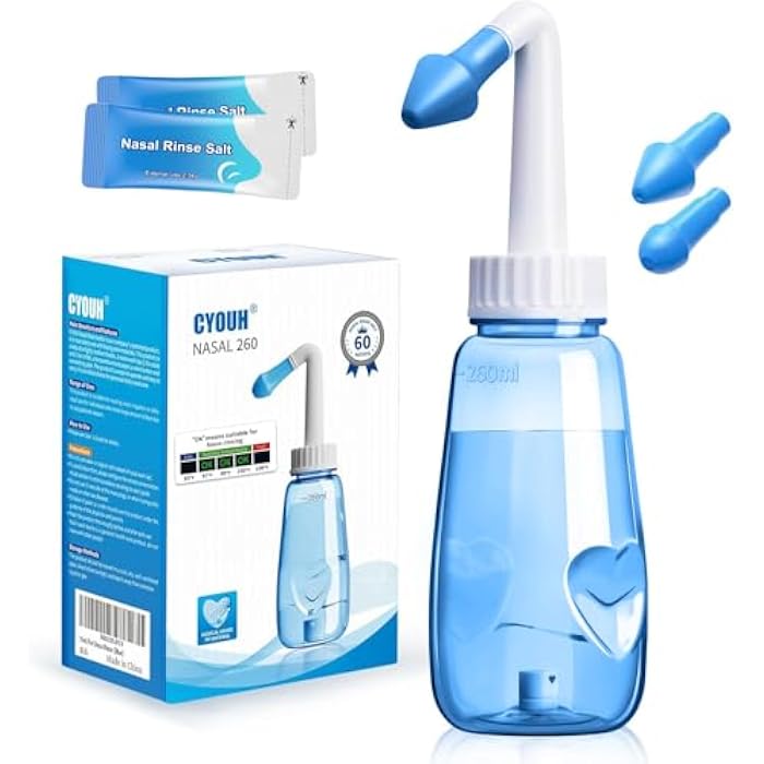 Neti Pot Sinus Rinse Bottle 260 ML with 60 Nasal Wash Salt Packets and Sticker Thermometer Nose Wash Cleaner Pressure Rinse Nasal Irrigation for Adult & Kid BPA Free (Blue) - Image 1