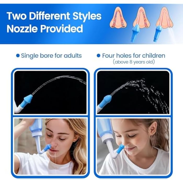 Neti Pot Sinus Rinse Bottle 260 ML with 60 Nasal Wash Salt Packets and Sticker Thermometer Nose Wash Cleaner Pressure Rinse Nasal Irrigation for Adult & Kid BPA Free (Blue) - Image 5