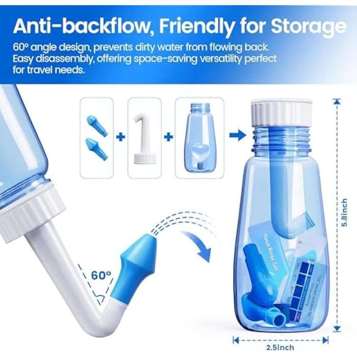 Neti Pot Sinus Rinse Bottle 260 ML with 60 Nasal Wash Salt Packets and Sticker Thermometer Nose Wash Cleaner Pressure Rinse Nasal Irrigation for Adult & Kid BPA Free (Blue) - Image 2