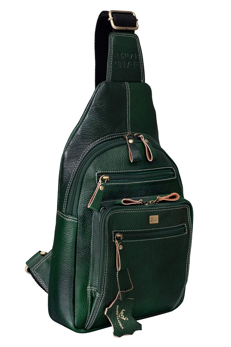 BRAND LEATHER Genuine Leather Sling Bag Casual Shoulder Daypacks For Men's (Green), Large, 10 Litres - Image 1
